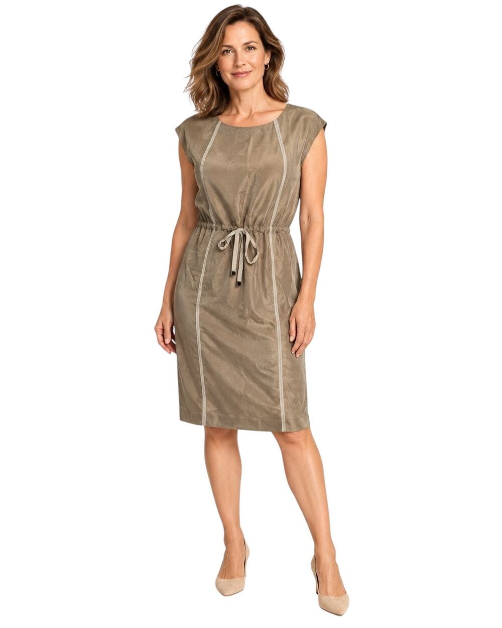 Lafayette 148 100% Silk Drawstring Waist Sheath Dress, Olive Taupe, Medium